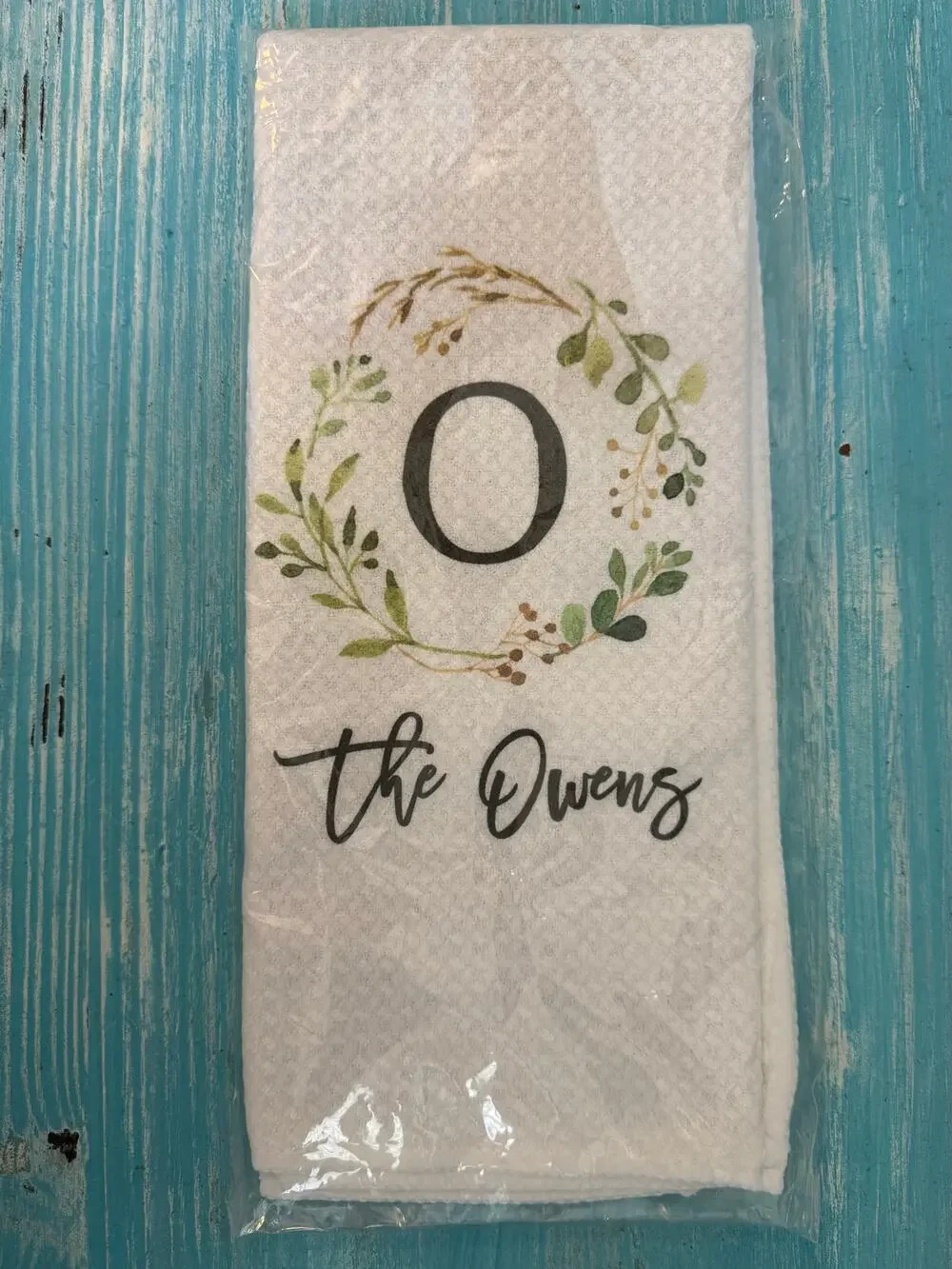 The Owens Monogram Waffle Weave Kitchen Dish Towel Green Wreath